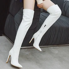 Bota feminina cano alto alto couro envernizado sexy, salto alto acima do joelho, ponta do pé branco vermelho, sapatos longos para festa
