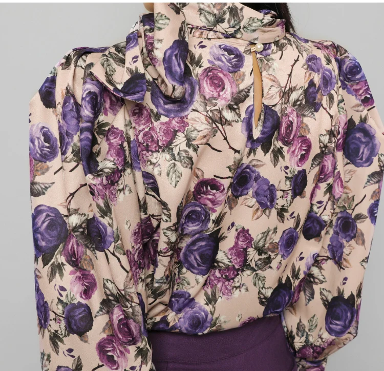 SeiwnibFloral prined bow neck Office ol blouses women Fashion lantern sleeve shirts female korean elegant office ladies workwear