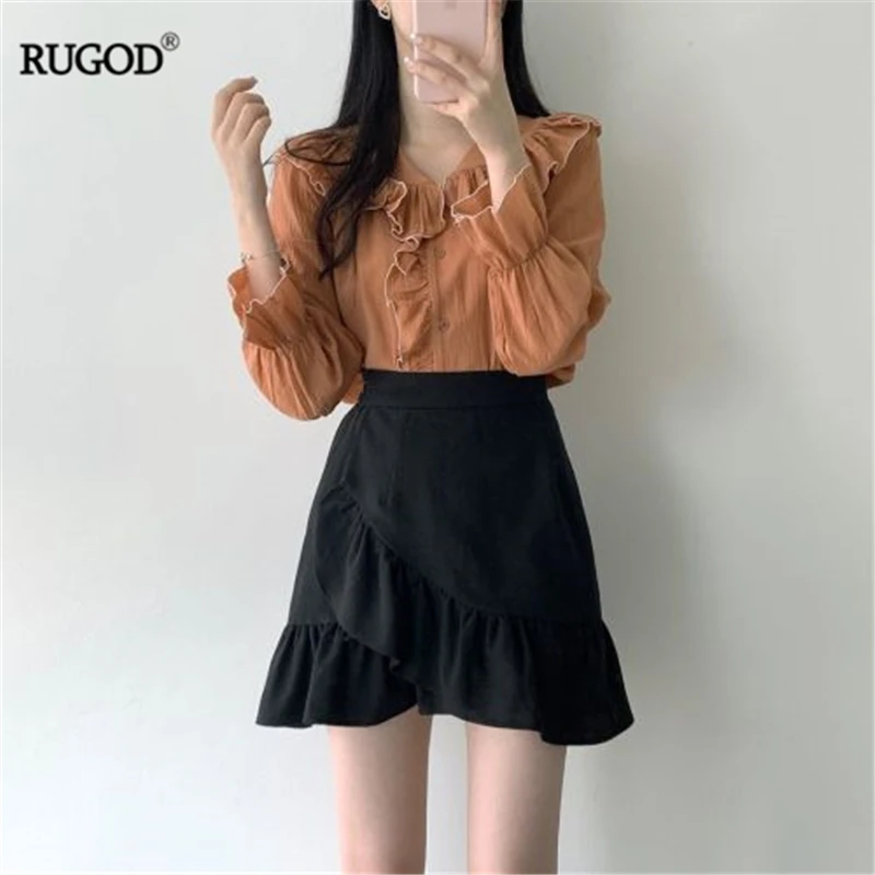 

RUGOD 2019 New Autumn Women Solid Cutton And Linen Shirt Contrast Color Ruffles Long Lantern Sleeves Slim Blouse Elegant Female