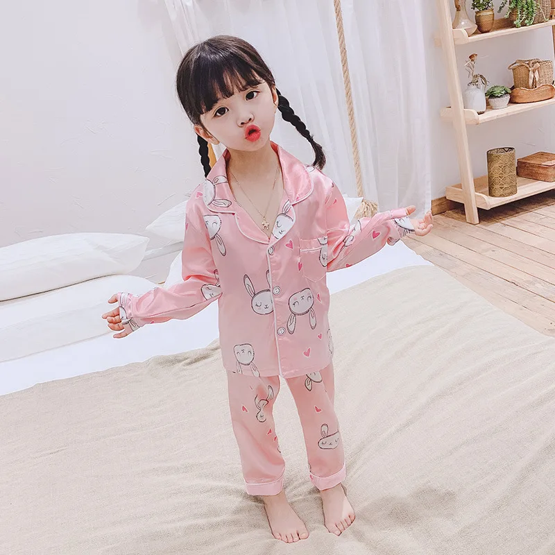 Girls Pajamas Autumn Winter Long Sleeve Children's Sleepwear Set Silk Pajamas Suit Boys Pyjamas Sets for Kids Tracksuit