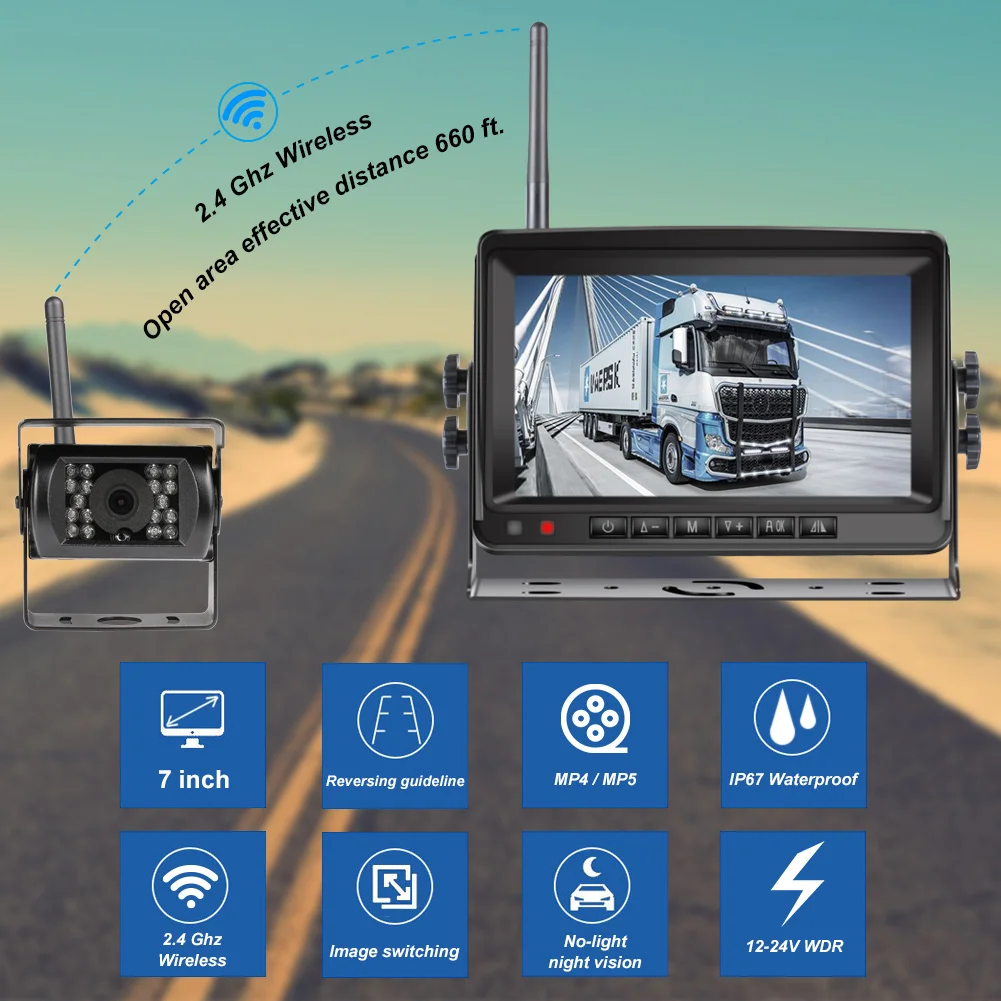 High Definition Wireless Truck Car Monitor 7 CMOS IR Night Vision Reverse Backup Wifi Rear View Camera Parking System 12-24V