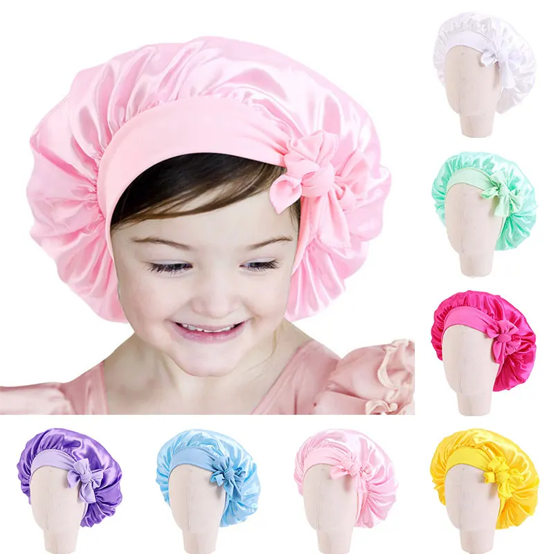 Kids Satin Solid Color Sleeping Hat Night Sleep Baotou Cap Cute Bow Elastic Hair Care Bonnet Nightcap Bonnet Turban Headwear