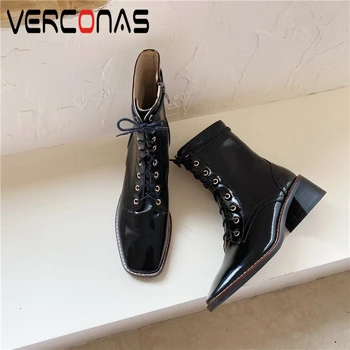 

VERCONAS New Women Lace-Up Ankle Boots Genuine Leather Fashion Concise Autumn Winter High Heels Office Lady Casual Boots Woman