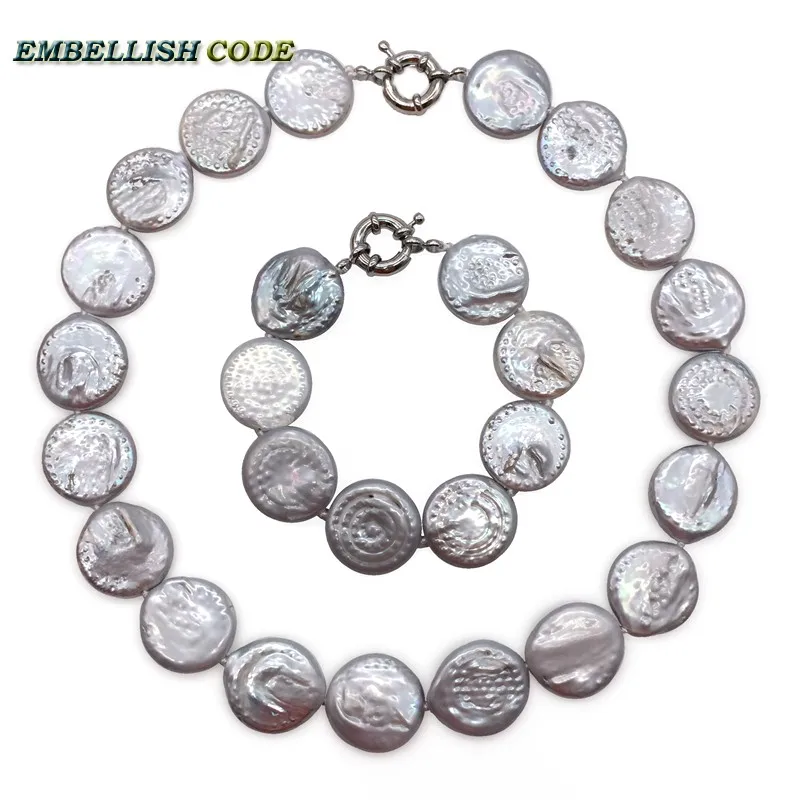 

Amazing large baroque pearls necklace bracelet set gray color 22mm cultured pearls round coin flat shape elegant for women