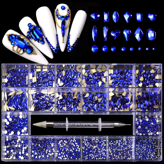 Multi Nail Rhinestones Kit Flatback 240pcs Alloy Charms (Neon,Pink,AB,Blue) Glass Jewelry Nail Art Crystal Box 2022
