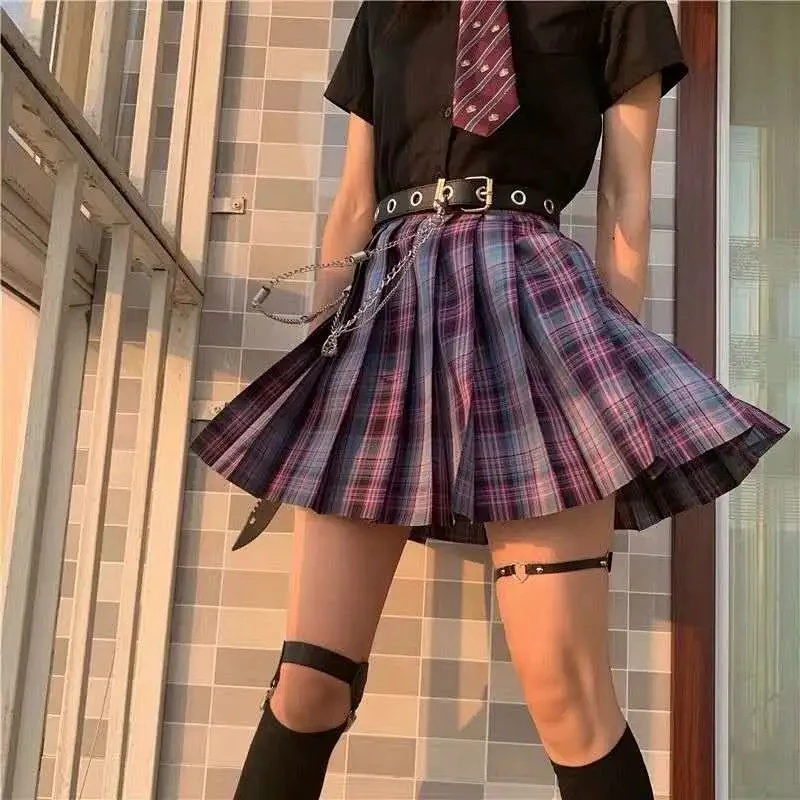 Cotton Skirt Purple Plaid Skirt Knee Length Paper Doll Pink And