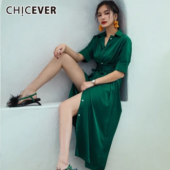 

CHICEVER Elegant Chiffon Dress Women Lace Up High Waist Short Sleeve Split Long Holiday Midi Dresses 2020 Spring Fashion Clothes