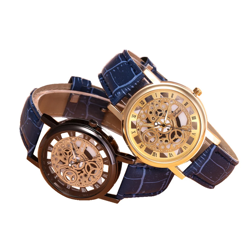 Men Watch Fashion Business Watch Luxury Hollow Roman Numerals Sports Clock Faux Leather Quartz Wrist Watch Erkek Kol Saat