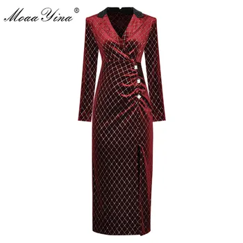 

MoaaYina Fashion Designer dress Autumn Women's Dress V-neck Long sleeve Ruched Package buttocks Plaid Velvet Dresses