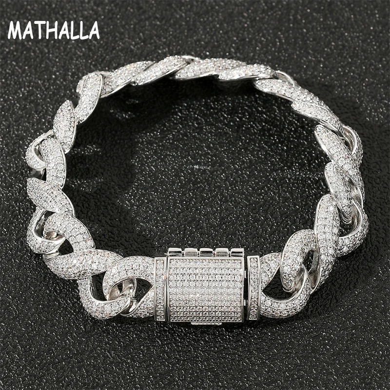 

MATHALLA 15mm Miami Cuban Chain Bracelet Ice Out Cubic Zircon Fashion High Quality Copper Material Bracelet Hip Hop Jewelry Gift