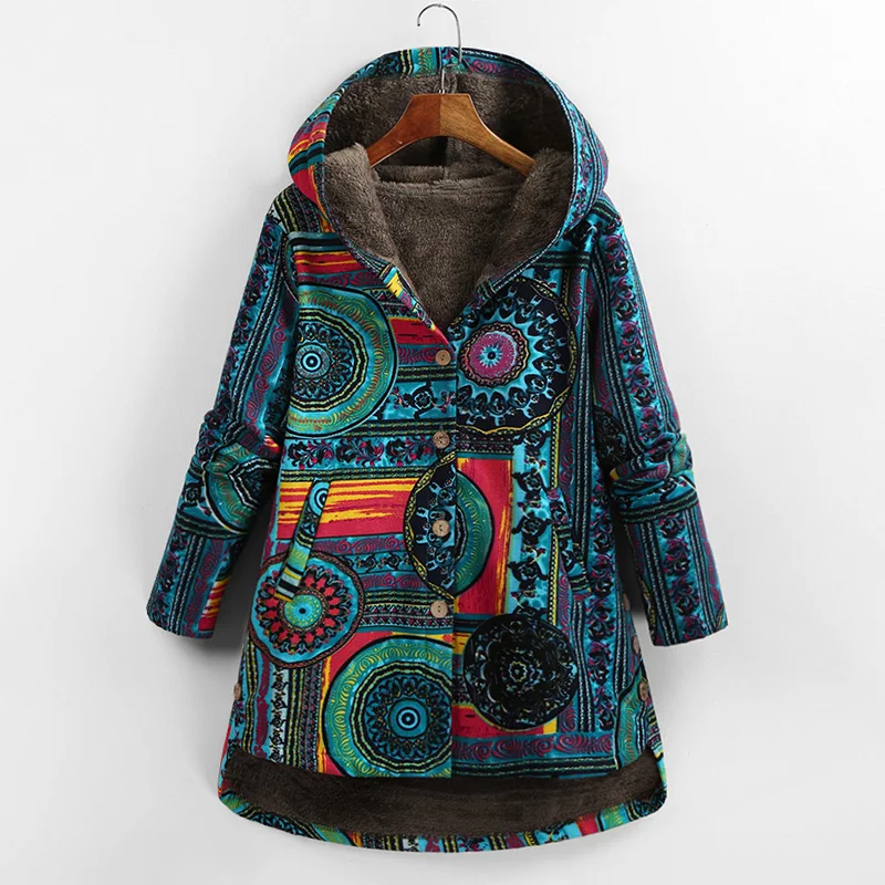Versear, Женская куртка, плюшевое пальто, женская ветровка, зимняя теплая верхняя одежда, цветочный принт, с капюшоном, с карманами, винтажное, негабаритное пальто, плюс - Цвет: Синий