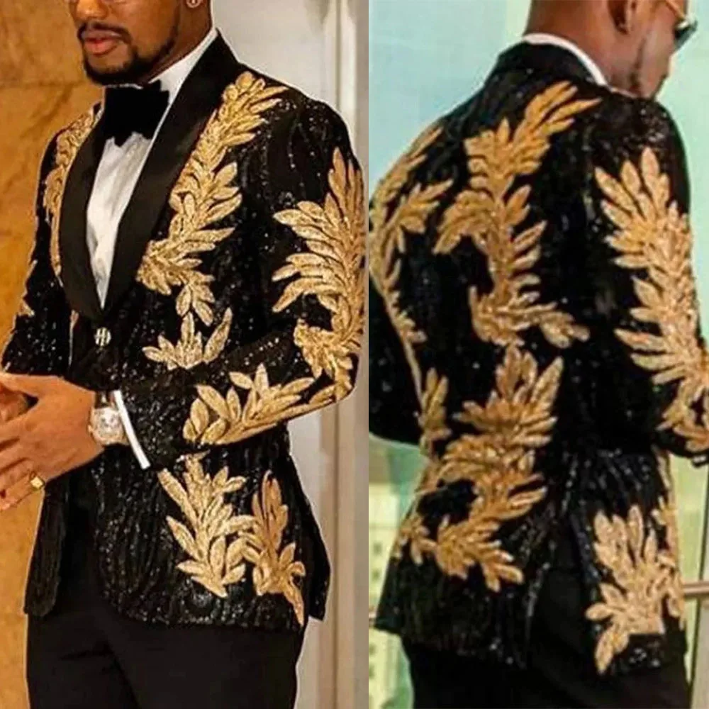 Brillo bordado dorado chaqueta + Pantalones novio desgaste de corte Slim negro de trajes de boda para hombre de fiesta blazer diario trajes
