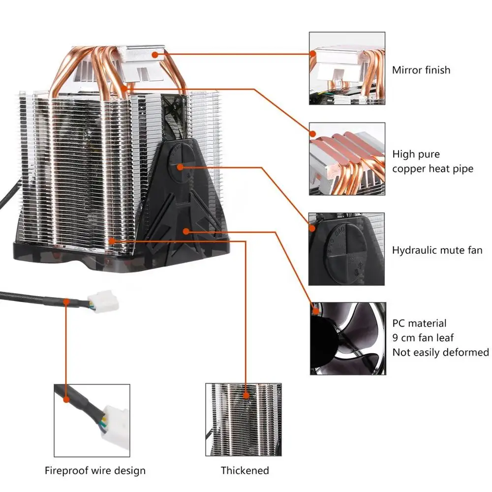LESHP кулер для процессора Ультра тихий 20 дБ(А) с 90 мм вентилятором четыре чистые медные тепловые трубки четыре провода для ПК компьютер длительный срок службы компактный
