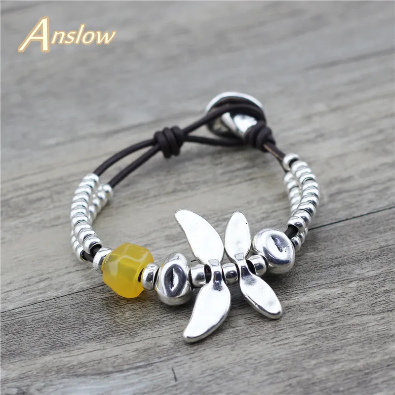 Женский кожаный браслет Anslow стильный элегантный цветной со стрекозой бесплатная доставка LOW0798LB|Браслеты с