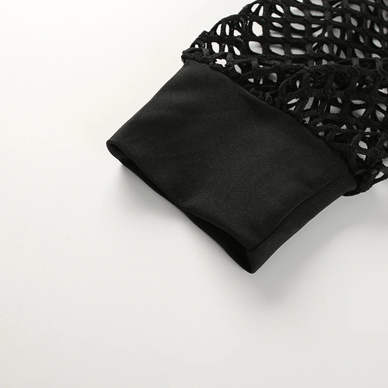 Camiseta sexy de malla de verano para mujer, top corto fruncido con agujeros, sudaderas de manga larga, camisetas de rejilla para mujer