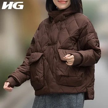 

HG Hooded Cotton Clothing Coat Women Black Pocket Loose Leisure Korea Style 2019 New Winter Short Pullover Brown Coat ZYQ1526