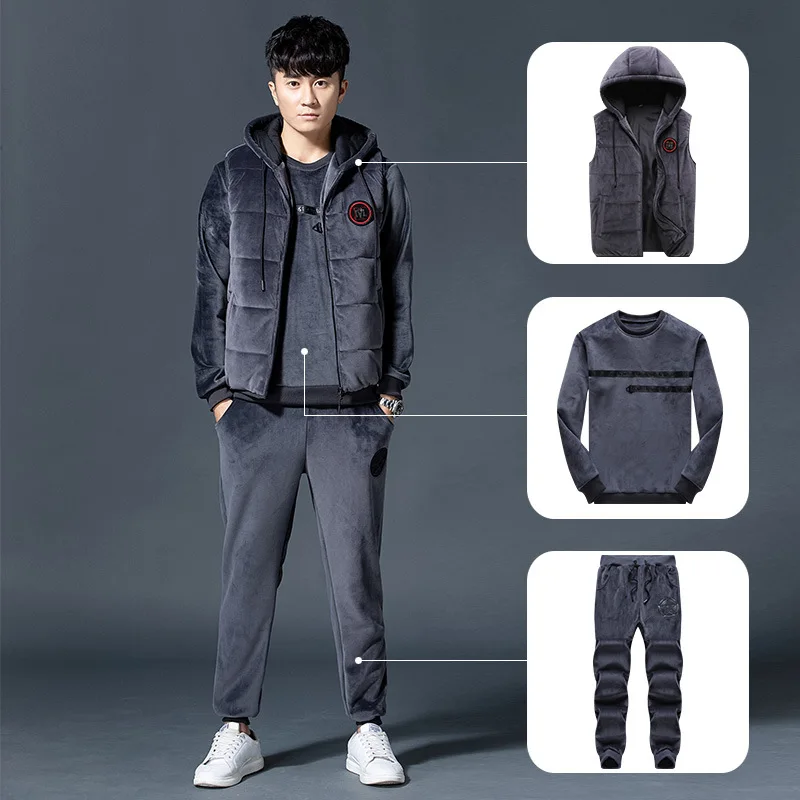 

New Style Autumn & Winter Leisure Sports Suit Men's Gold Velvet Three-piece Set Korean-style Trend Collocation Handsome Hoodie C