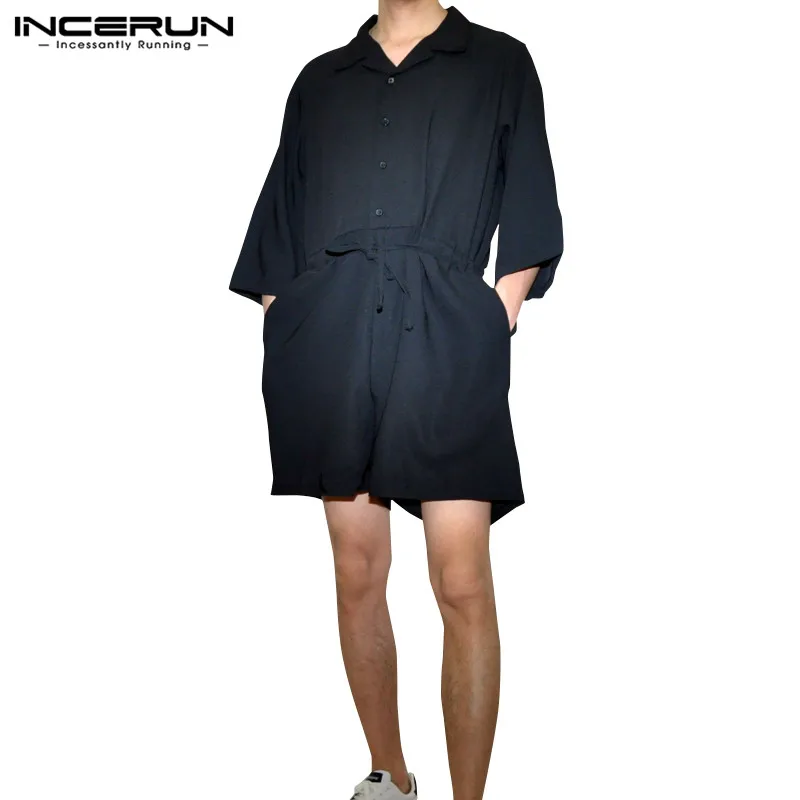 INCERUN, корейский стиль, мужской однотонный комбинезон с рукавом 3/4, модный тренд, Джокер, повседневные мужские мешковатые комбинезоны с отворотом, комбинезоны, уличная одежда