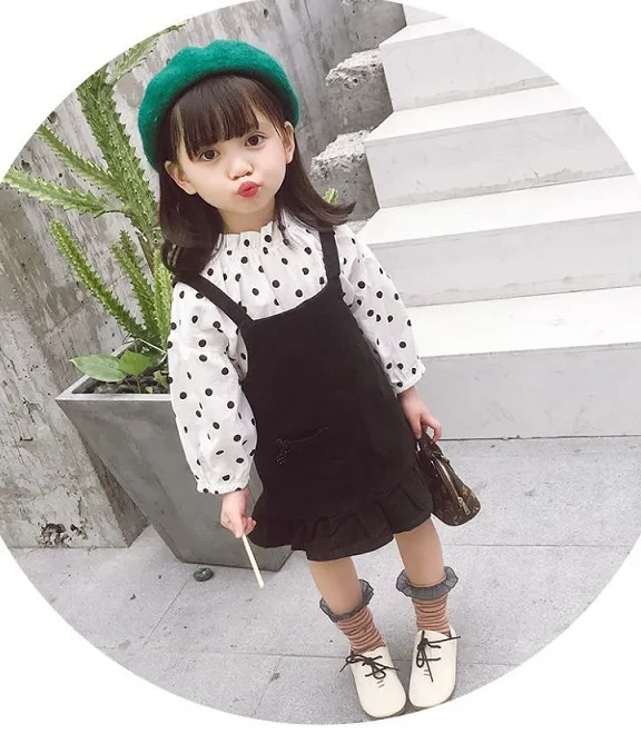 

Girl'S Suit Polka Dot Long Sleeve Base Shirt And Suspender Skirt 19 Autumn Clothing New Style Childrenswear 3-8-Year-Old