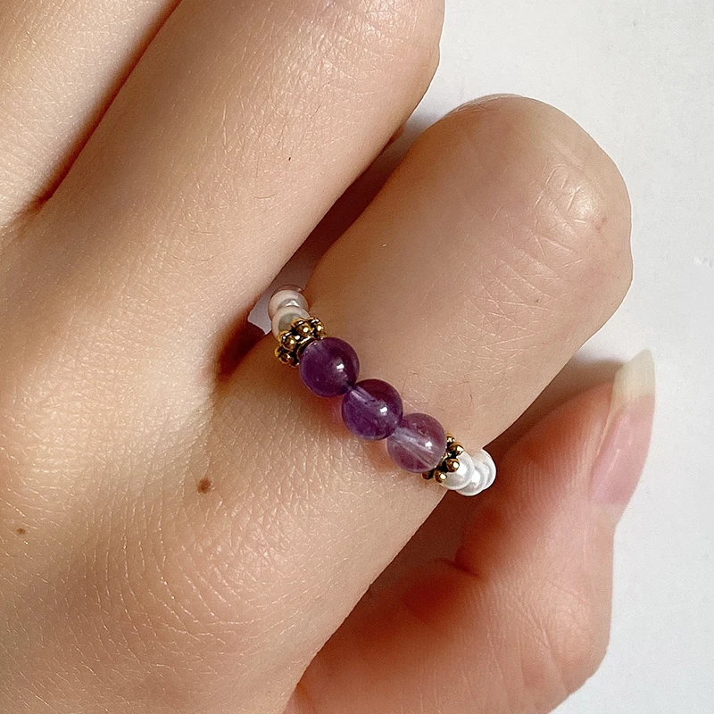 Momiji-Anillo de boda con piedras de Color Natural para mujer, joyería hecha a mano, cadena de cuerda elástica, perlas, piedra lunar, Tigereye