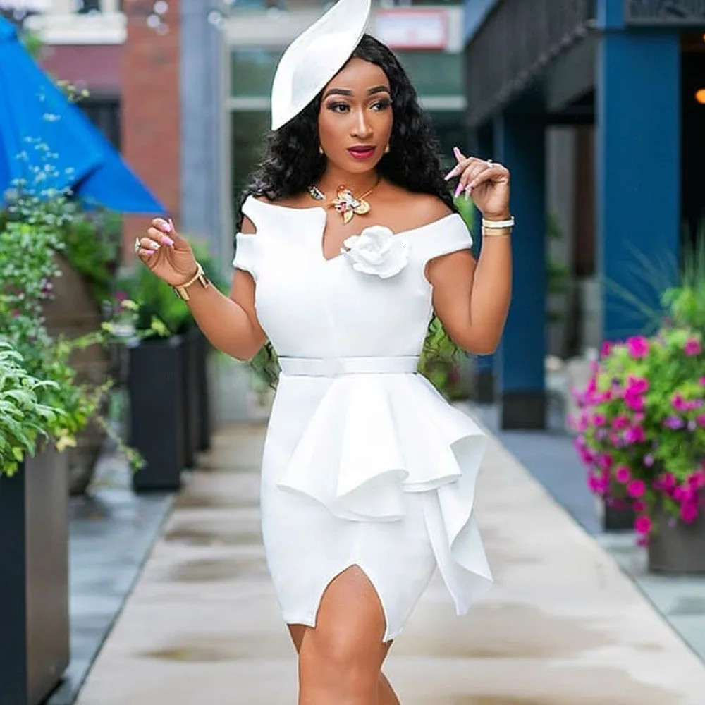 

African Ladies White Ruffles Short Party Dress Sexy Asymmetrical Off Shoulder Bodycon Belted Women Dinner Evening Mini Dress
