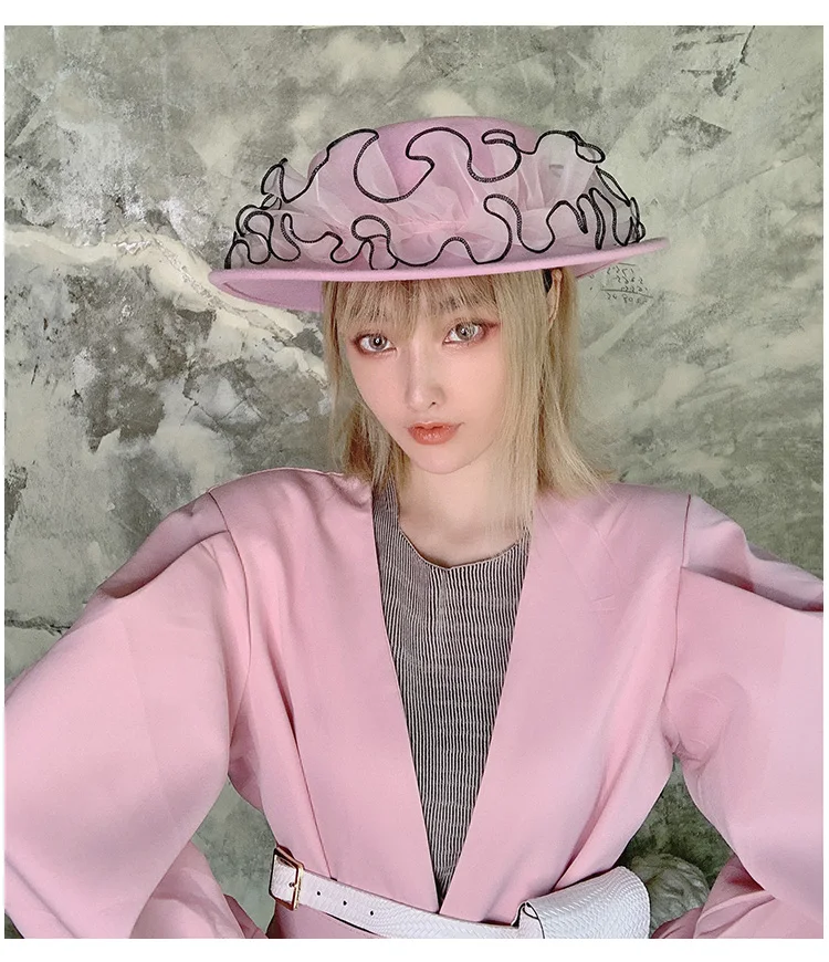 WHITNEY WANG Winter Fashion Streetwear Ruffles Patchwork Wool Caps Women Wide Brim Flat Top Hat Jazz Cap