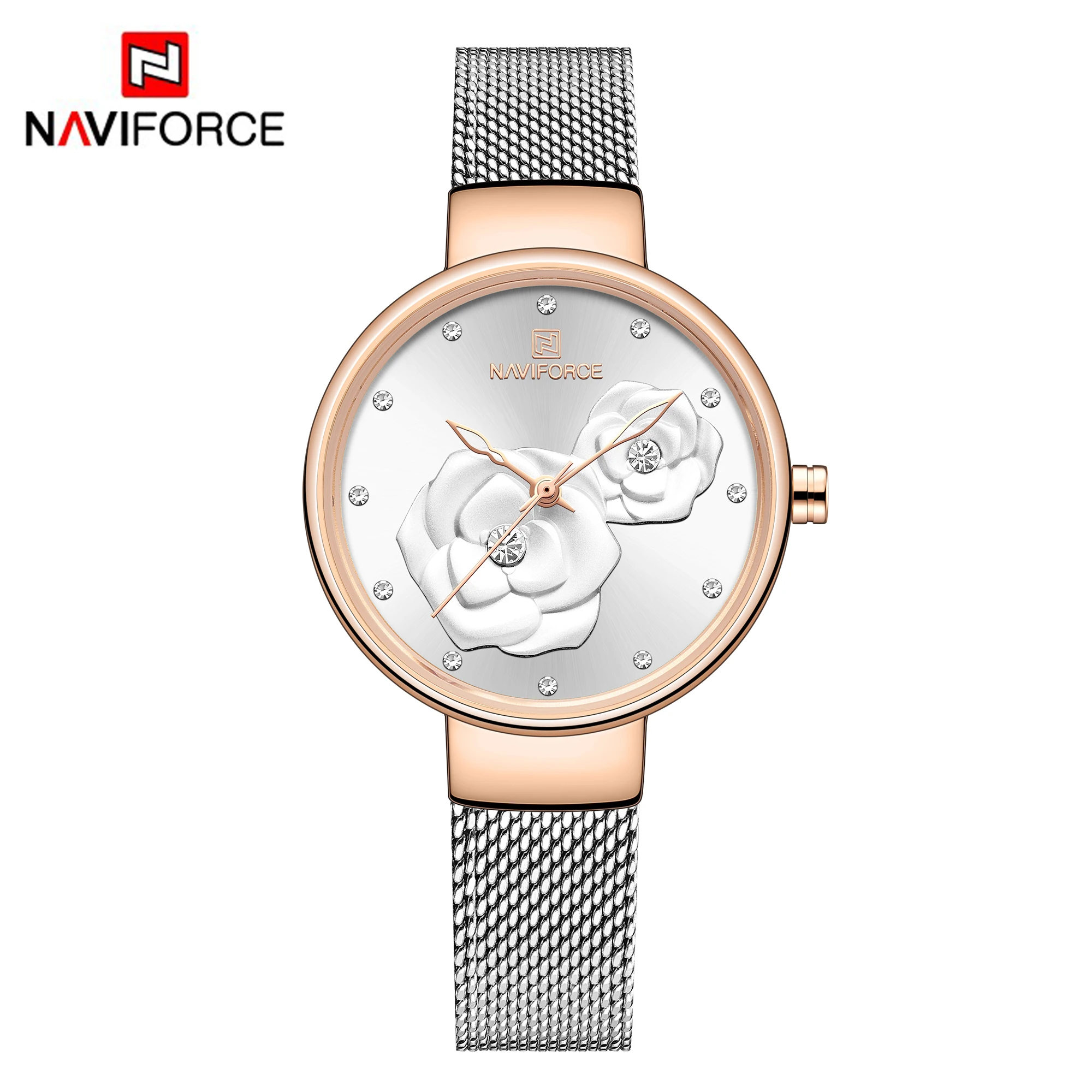 NAVIFORCE, модные повседневные женские часы, кварцевые, водонепроницаемые, Reloj Mujer, модные, женские, люксовый бренд,, часы для девушек с цветами, Новинка - Цвет: Silver