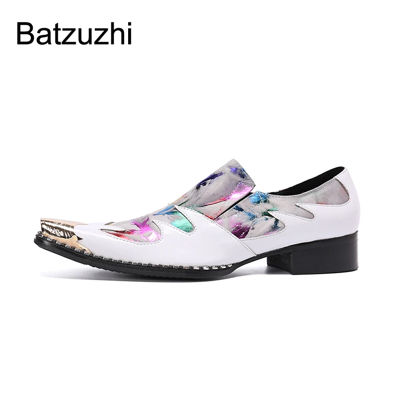 Batzuzhi New Fashion Men's Shoes Pointed Iron Toe Genuine Leather Dress Shoes Men Slip on White Party & Wedding Sepatu Pria