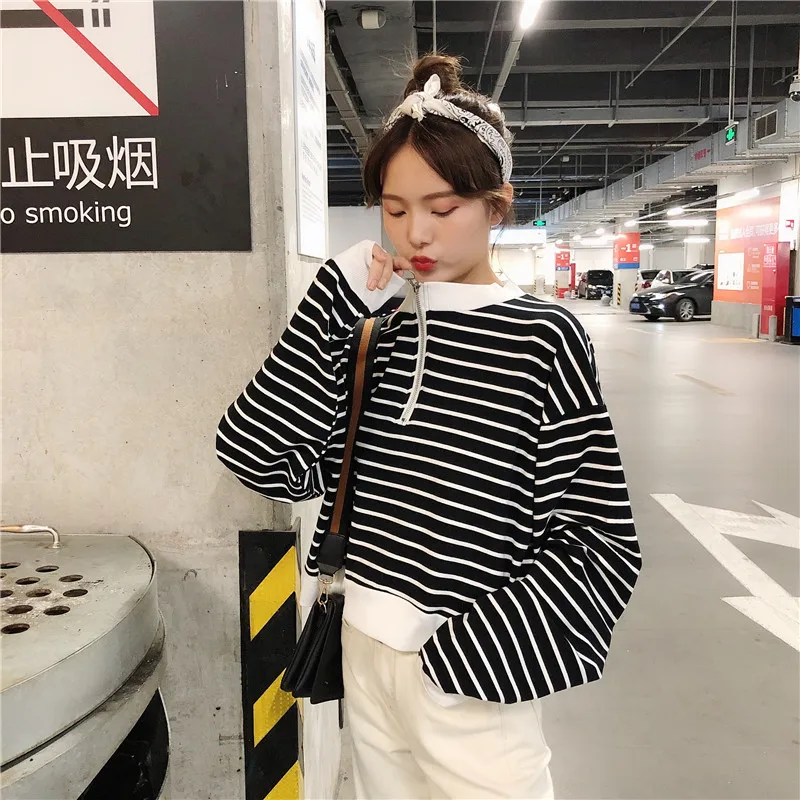 Ulzzang Harajuku полосатая толстовка на молнии с короткими рукавами Женская Осенняя Новая модная свободная толстовка с капюшоном и круглым вырезом Повседневная Женская толстовка