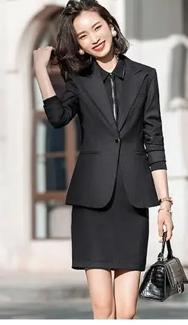 blackskirt andcoat Весенние женские костюмы с юбкой, формальные костюмы с длинным рукавом, синий пиджак и юбка, деловые костюмы, одежда для работы, большие размеры - Цвет: blackskirt andcoat