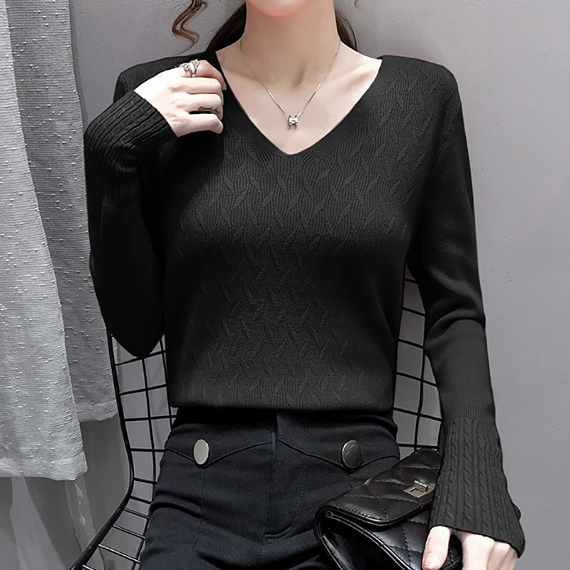 

2020 Women's Knitted Sweater Black Long Sleeve V Neck Solid Loose Pullover Knit Ladies Sweaters Jumper Mujer Camisola Feminina
