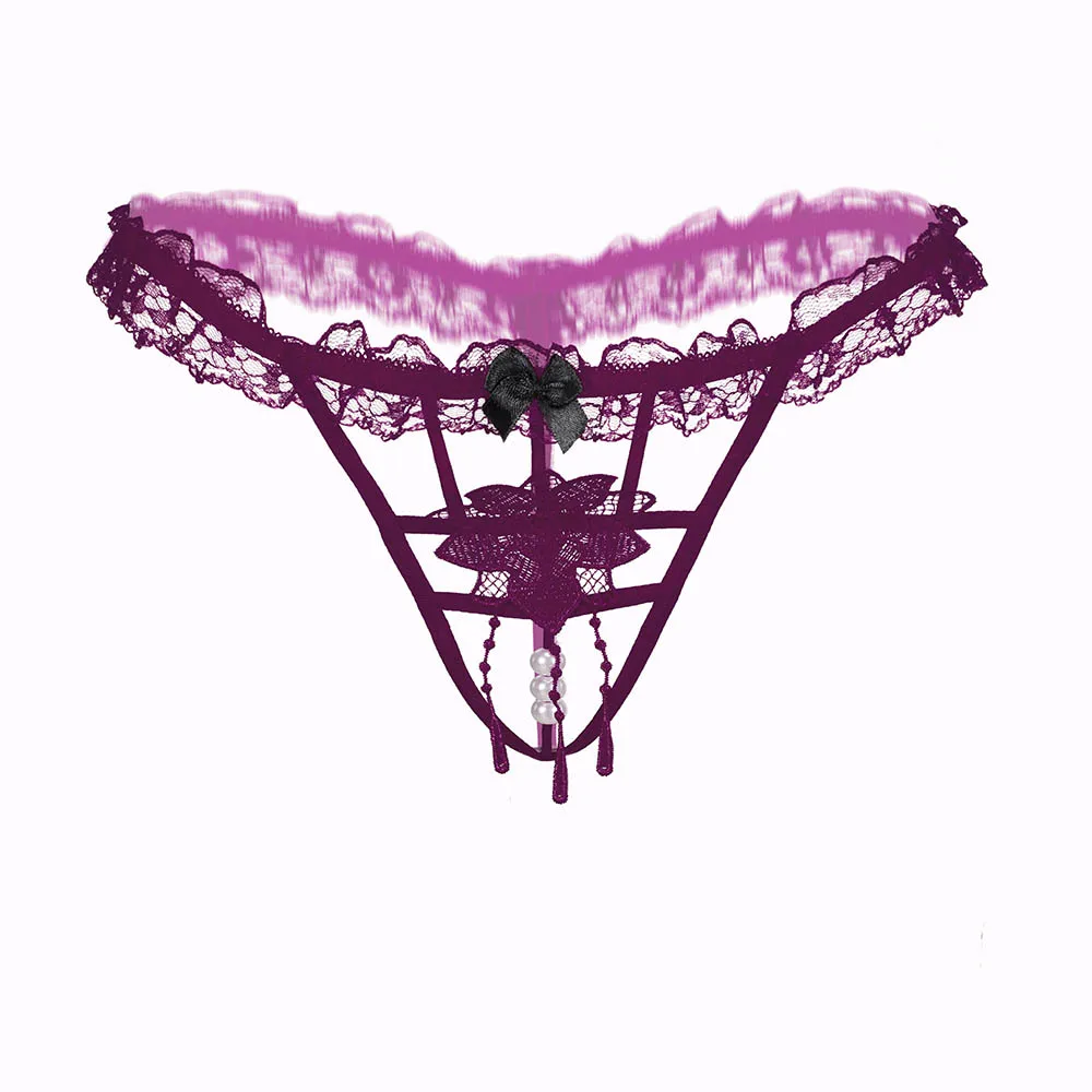 Erotic Hollow Embroidered Panties Low Waist Seamless Lace G-String Pearl Transparent Thongs T-pants