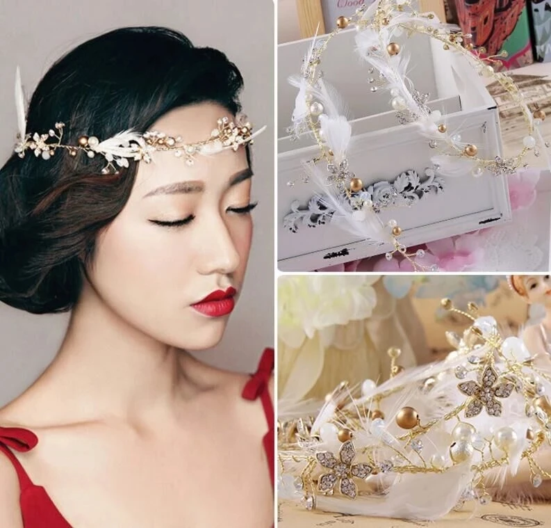 

Fashion Bohemian Gold Feather Crystal Pearl Headband Rhinestone Flower Head Piece Bride Hairband Wedding Hair Jewelry Accessorie