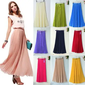 

Simple Ladies Pleated Chiffon Double Layer Skirt Elegant Solid Color Women Long High Waist Maxi Skirt Summer Female Plated Skirt