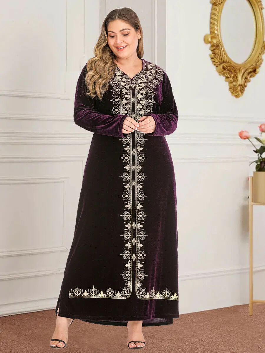Abaya Women Kaftan Women Muslim Velvet V-neck Maxi Dress Plus Size Cocktail Robe Autumn Long Sleeve Gown Middle East Dress New
