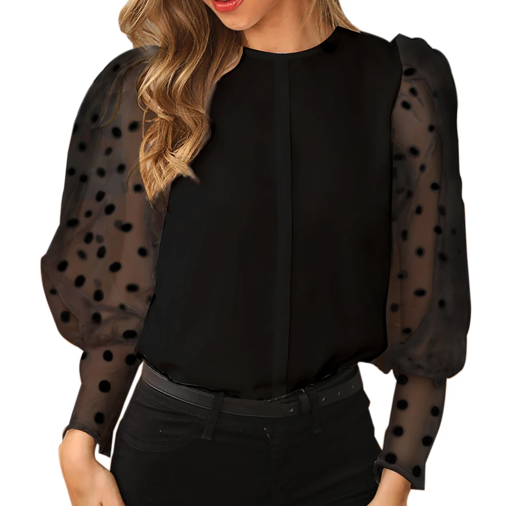 LASPERAL женские блузки с длинным рукавом из прозрачной сетки, сексуальные топы с рукавом-фонариком, винтажные топы с длинными рукавами в горошек, рубашки с круглым вырезом