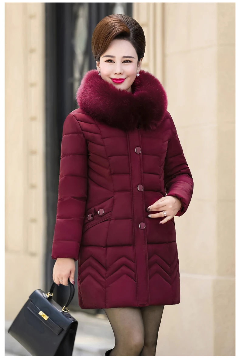 Модная зимняя женская куртка среднего возраста размера плюс, толстое теплое пуховое хлопковое длинное пальто с капюшоном, высокое качество, женские парки с меховым воротником