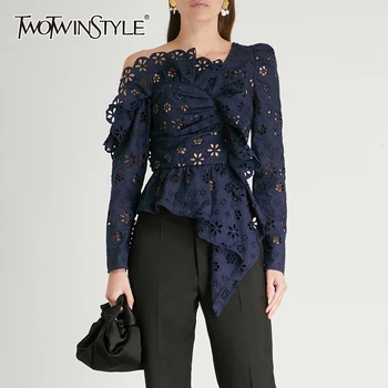 

TWOTWINSTYLE 2020 Summer Streetwear Off Shoulder Top Ruffle Floral Lace Long Sleeve Sexy Ladies Blouse Women White Shirt Korean