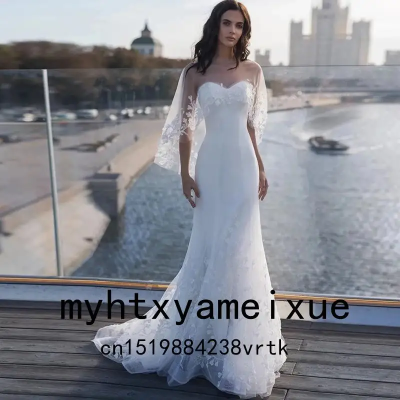 bridal gowns White Simple Mermaid Wedding Dress 2021 Shawl Sweetheart Corset Back Sweep Train Bridal Gowns Plus Size Luxury Robe De Mariee wedding dresses