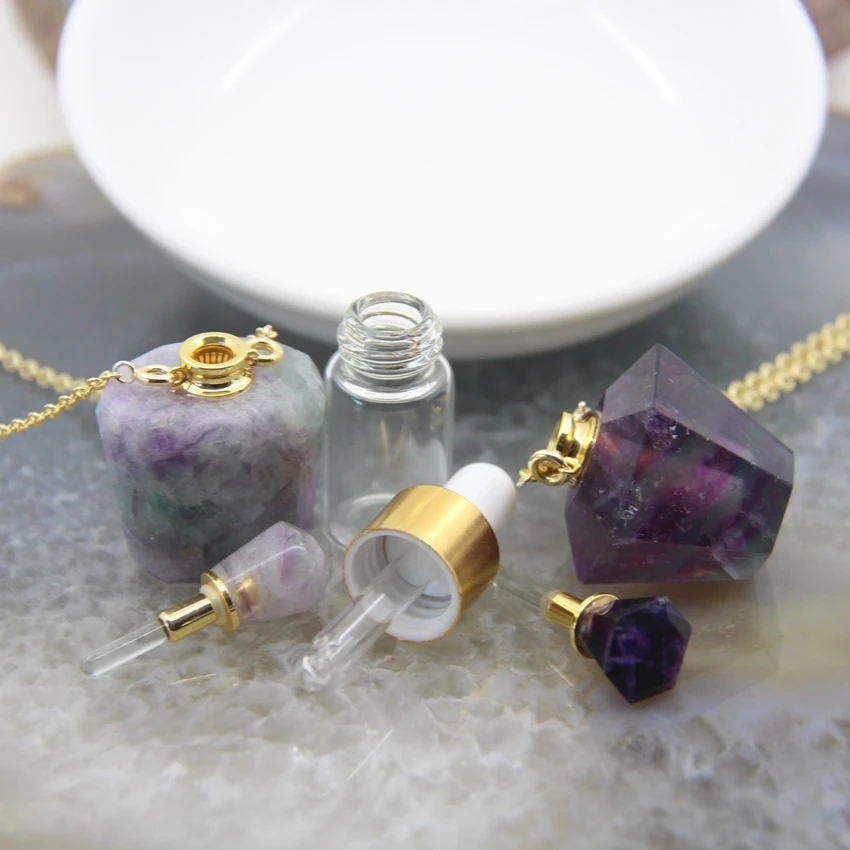 Classic Rainbow Fluorite Perfume Bottle Pendant Necklace,Personalized Faceted Natural Fluorite Essential Oil Diffuser Charms