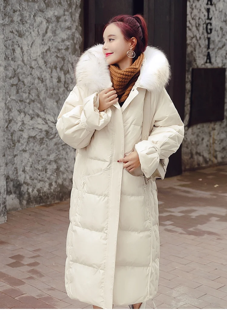 Down Jacket Women's Winter Long Sleeve Thick Mid-length Straight-Cut Zipper Hooded Cotton-padded Clothes White with Genuine