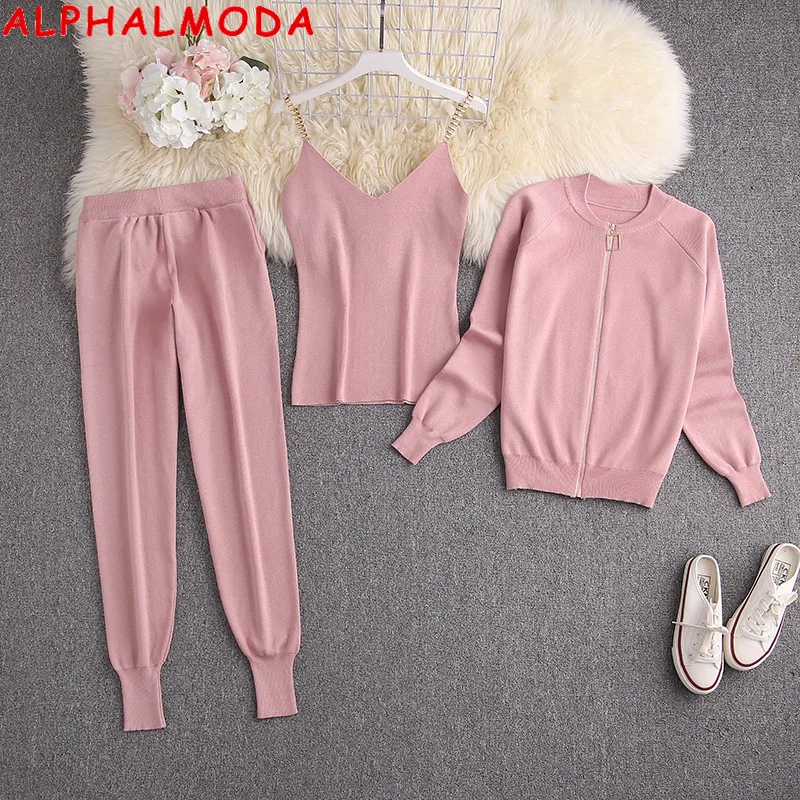 

Женский трикотажный кардиган ALPHALMODA, комплект из трех предметов, жилет на цепочке и брюки, удобный трикотажный спортивный костюм для бега на осень и зиму