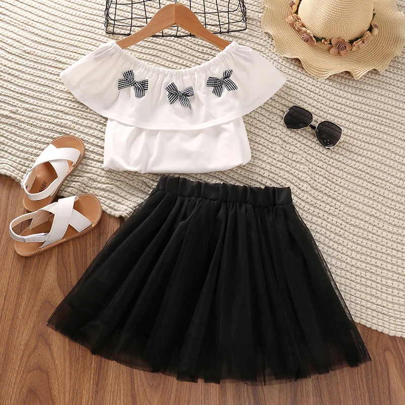 

Girls Summer Clothes Set Teen Girl One-Shoulder Short-Sleeved Tops Mesh Skirts 2 Pcs Children Princess Suits 4-12T Kids Clothes