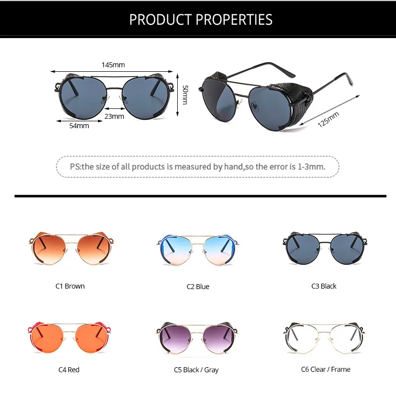 Pro Acme Fashion Retro Steampunk Sunglasses Women Men Gothic Punk Round Sun Glasses Leather Side Shield Brand Design PA1281