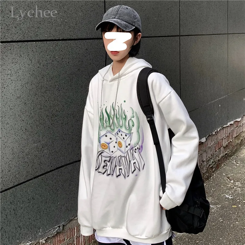 Lychee Harajuku, Женская флисовая толстовка с капюшоном и принтом пламени, весенние, осенние, зимние дамские свитшоты, повседневные свободные женские толстовки с капюшоном