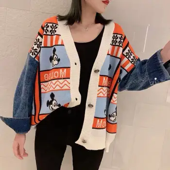 

2019 Autumn Women New Korean College Sweaters Stitching Denim Long Sleeve Oversized Cartoon Cartoon Wool Sweater Coat Fashion