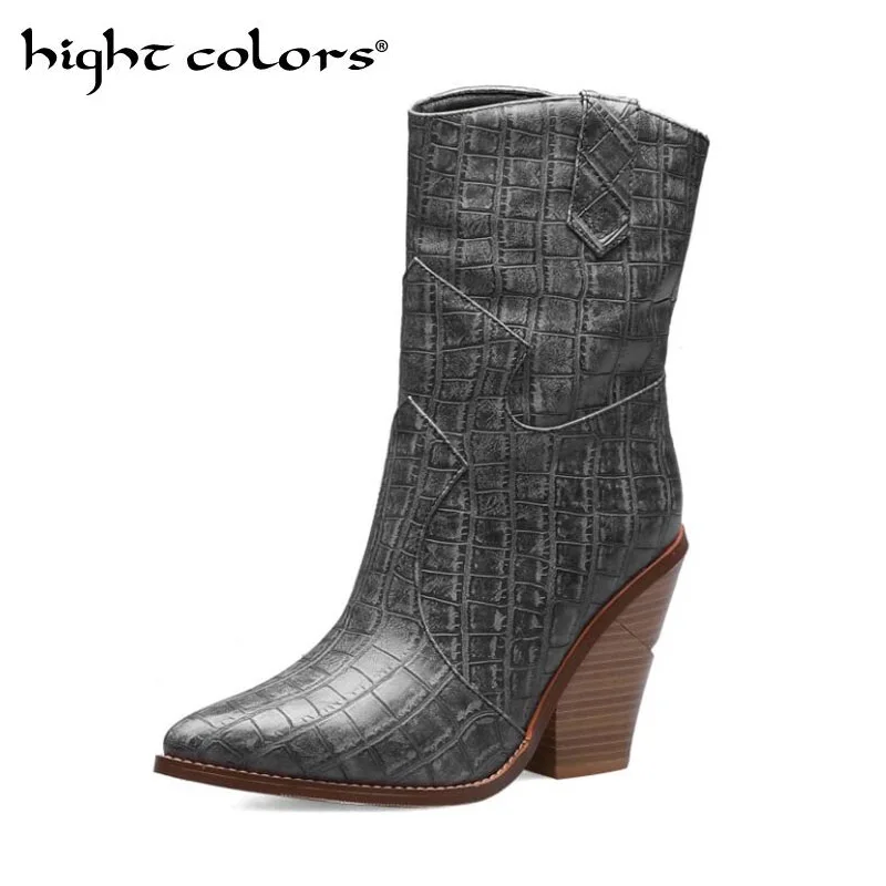 

New European American Ladies Pointed Fashion Boots Wedges Heels Slip on Women Mid Calf Boots Female Shoes Botas Mujer Size 34-43