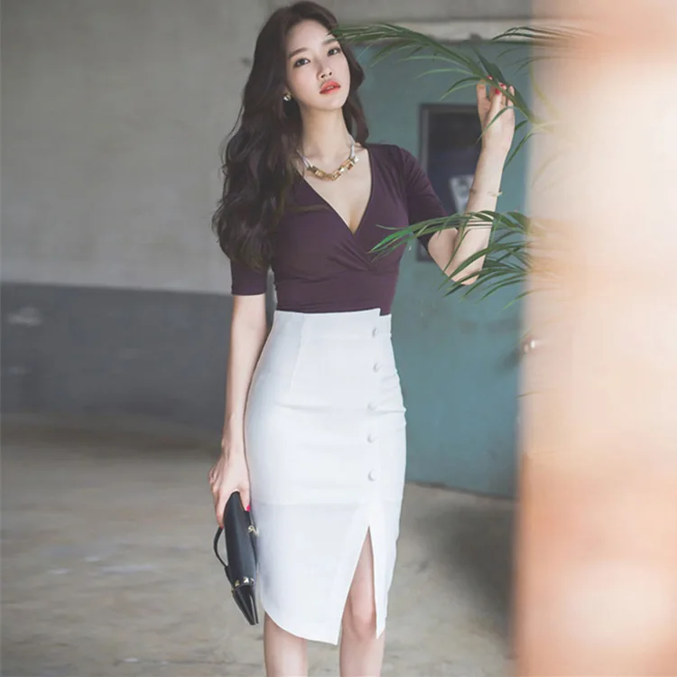 

New Style 2018 Summer And Autumn Debutante Career Ol Slimming High-waisted T-shirt with Sheath Half-length Midi-skirt Two-Piece