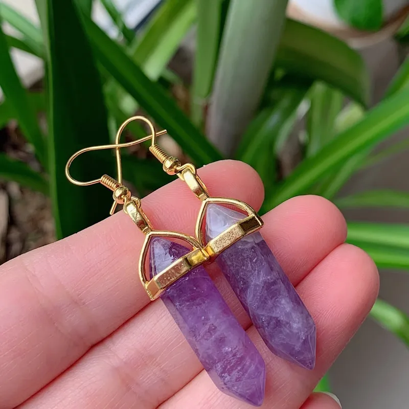 Natural Stone Drop Earring Bullet Hexagonal Amethysts Lapis