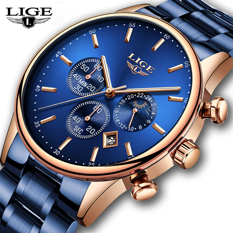 Relojes 2019 часы мужские s LIGE спортивные модные бизнес Кварцевые полностью стальные
